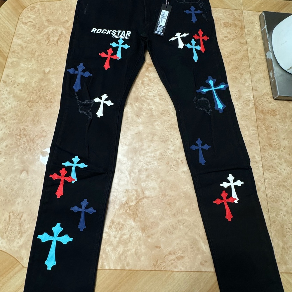 Black Rockstar Original Flared Distressed Denim Jeans Crosses, Size 36 with TAGS